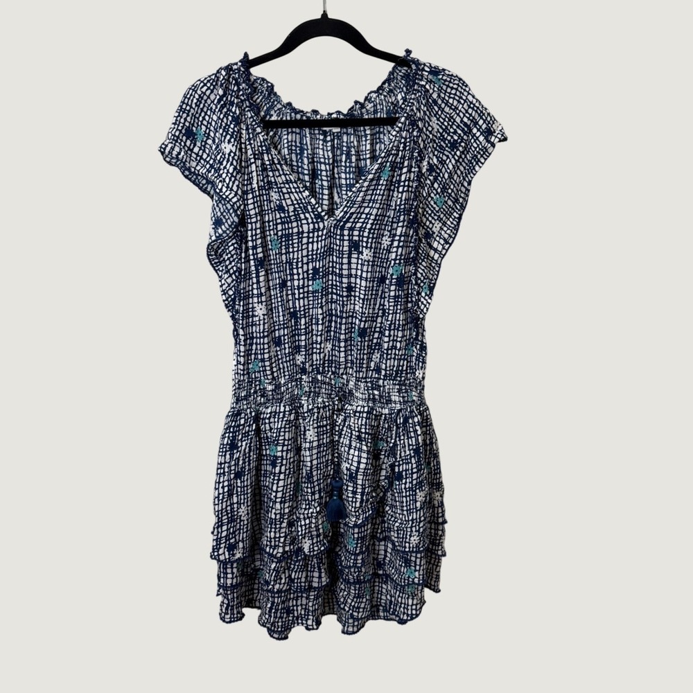 Poupettes St Barth Mini Dress Womens Size L Blue White Floral Tassel Boho Resort